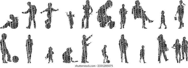 Vector silhouettes, Outline silhouettes of people, Contour drawing, people silhouette, Icon Set Isolated, Silhouette of sitting people, Architectural set	
