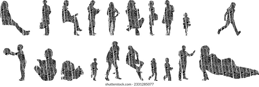 Vector silhouettes, Outline silhouettes of people, Contour drawing, people silhouette, Icon Set Isolated, Silhouette of sitting people, Architectural set	
