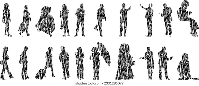 Vector silhouettes, Outline silhouettes of people, Contour drawing, people silhouette, Icon Set Isolated, Silhouette of sitting people, Architectural set	
