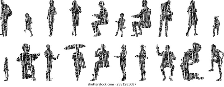 Vector silhouettes, Outline silhouettes of people, Contour drawing, people silhouette, Icon Set Isolated, Silhouette of sitting people, Architectural set	
