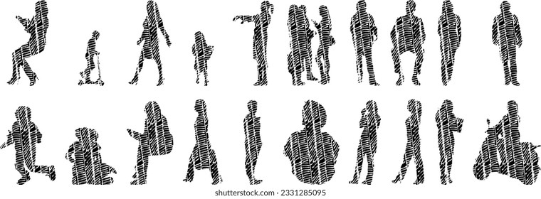 Vector silhouettes, Outline silhouettes of people, Contour drawing, people silhouette, Icon Set Isolated, Silhouette of sitting people, Architectural set	
