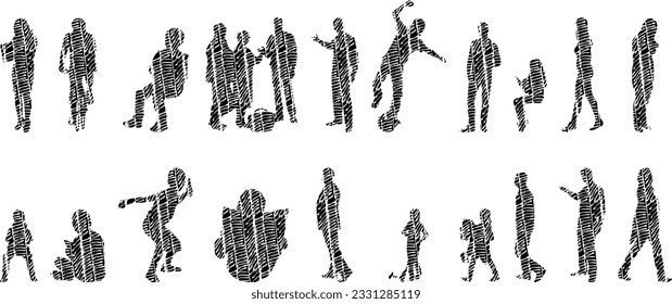 Vector silhouettes, Outline silhouettes of people, Contour drawing, people silhouette, Icon Set Isolated, Silhouette of sitting people, Architectural set	
