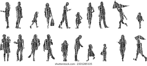 Vector silhouettes, Outline silhouettes of people, Contour drawing, people silhouette, Icon Set Isolated, Silhouette of sitting people, Architectural set	
