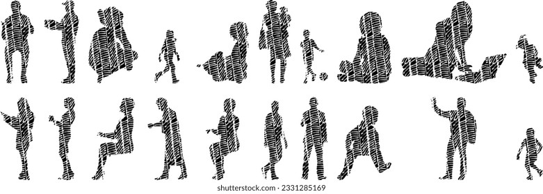 Vector silhouettes, Outline silhouettes of people, Contour drawing, people silhouette, Icon Set Isolated, Silhouette of sitting people, Architectural set	
