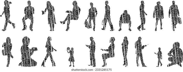 Vector silhouettes, Outline silhouettes of people, Contour drawing, people silhouette, Icon Set Isolated, Silhouette of sitting people, Architectural set	
