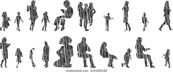 Siluetas vectoriales, Siluetas de contorno de personas, Dibujo de contorno, silueta de personas, Conjunto de iconos aislados, Silueta de personas sentadas, Conjunto arquitectónico	
