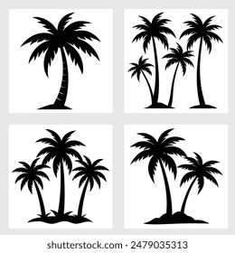 Vector silhouettes of palm trees capture the iconic, tropical essence of these plants with clean, bold outlines, showcasing their tall trunks and distinct, arching fronds.