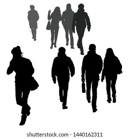 Vector silhouettes of passers-by, people go towards each other, walking, men and women return from work. Hasty and leisurely gait. Talking on the phone on the road.