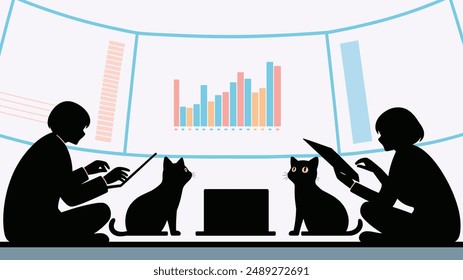 A vector of the silhouettes of people and cats in front of screens with a financial graph on white background