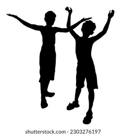 Vector silhouettes of people. Children standing with arms raised up two little boys isolated on white background