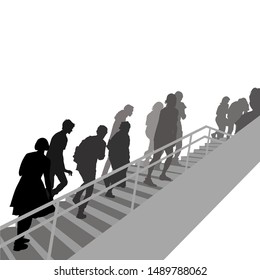 Vector silhouettes of people climbing up the stairs in Japan