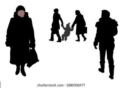 Vector Silhouettes Of People In Clothes Are Walking In The Winter, A Girl Is Leaving, A Woman Is Walking Forward In A Fur Coat And A Hat With A Bag. Two Women Are Holding A Small Child By The Arms. 