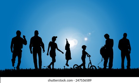 Vector silhouettes of people in the countryside.