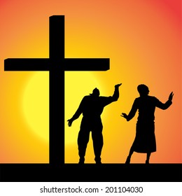 Vector silhouettes of people at the Cross at sunset.