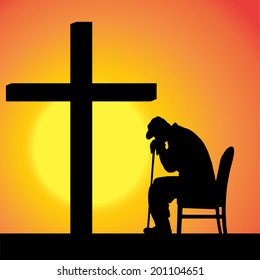 Vector silhouettes of people at the Cross at sunset.