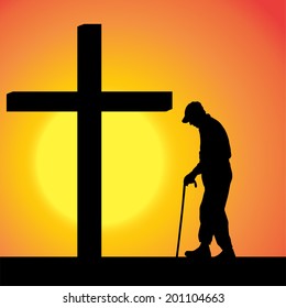 Vector silhouettes of people at the Cross at sunset.