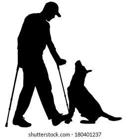 Vector silhouettes of people with crutch on a white background. 