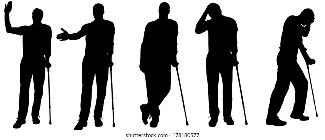 Vector silhouettes of people with crutches on white background. 