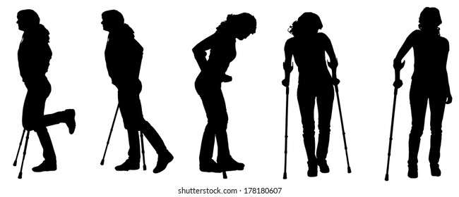Vector silhouettes of people with crutches on white background. 