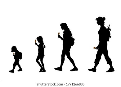 Vector silhouettes of people of different ages. Children go and eat chocolate popsicle ice cream. Little boy in a baseball cap. Teenage girl with ice cream on a stick. Passers-by pedestrians 4 figures