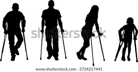 Vector silhouettes of people with disabilities using crutches and walking aids. Inclusive illustration showing men, women and child with mobility impairment. Concept of accessibility, rehabilitation, injury recovery, healthcare, diversity and social inclusion. Isolated on white background.