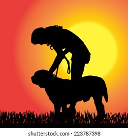 Vector silhouettes of people with dog at sunset.
