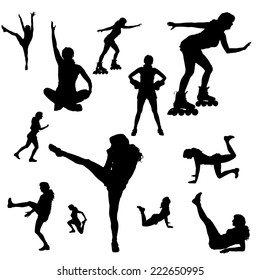 Vector silhouettes of people doing sports on a white background.