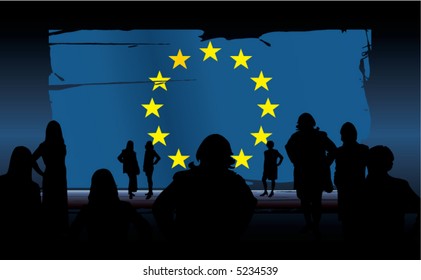 vector silhouettes of people in front of an european union flag