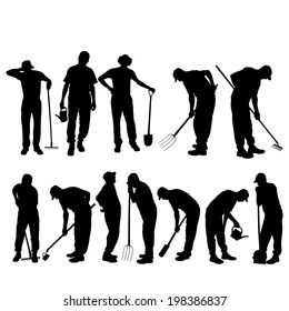 Vector silhouettes of people for gardening tools.