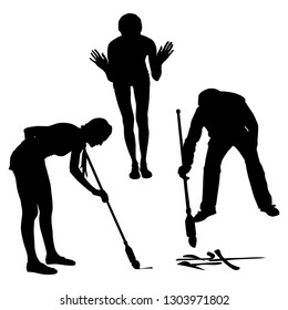Vector silhouettes of people. The girl stands in front leaning forward and clapping her hands. The woman and the man leaned over and hieroglyphs draw with a big brush on the asphalt