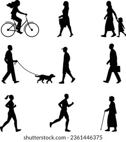 Vector Silhouettes of people going about their business, walking or exercising, jogging