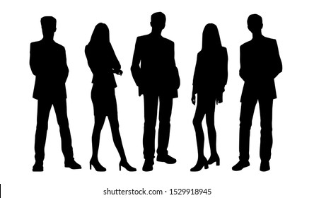 Vector silhouettes of people,  a group of standing business men and women, black color isolated on white background