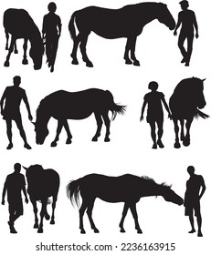 vector silhouettes of people and horses