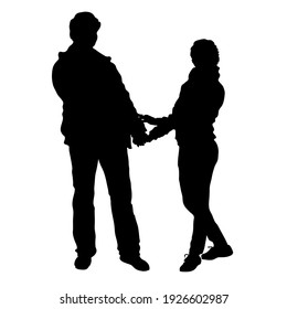 Vector silhouettes of people isolated. A loving couple guy and a girl stand holding hands. Man and woman in demi-season clothing. Young man and woman are standing side by side. Hold the hand.
