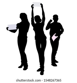 Vector silhouettes of people with leaflets, a guy and 2 girls make demands at a rally or workplace. The leaf is raised above the head, the leaflet is on the side.