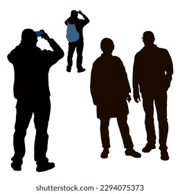 Vector silhouettes of people. A man takes a picture with his phone. Woman and man stand, three contours of a person isolated on white background