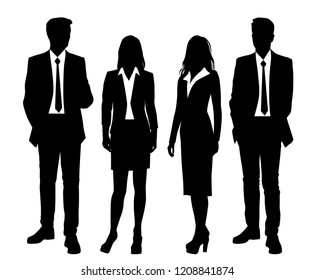 Vector silhouettes people, men and women standing, different poses,  business, group,  black color, isolated on white background