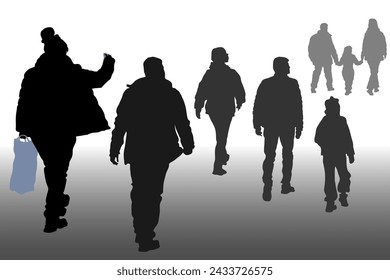 Vector silhouettes of people in motion, rear view. Parents with a child, tourists, passers-by.