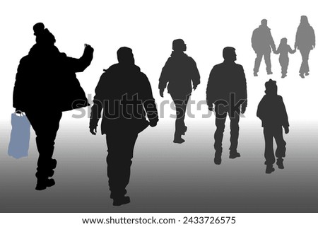 Vector silhouettes of people in motion, rear view. Parents with a child, tourists, passers-by.