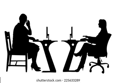 Vector silhouettes of people in office on a white background.