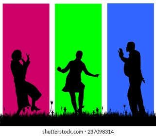 Vector silhouettes of people on a colored background.