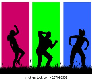 Vector silhouettes of people on a colored background.