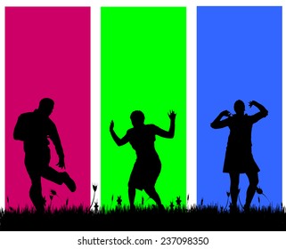Vector silhouettes of people on a colored background.