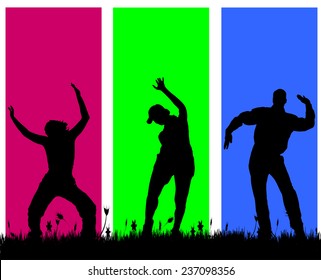 Vector silhouettes of people on a colored background.