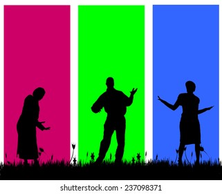 Vector silhouettes of people on a colored background.