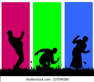 Vector silhouettes of people on a colored background.