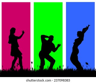 Vector silhouettes of people on a colored background.