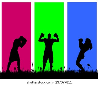Vector silhouettes of people on a colored background.