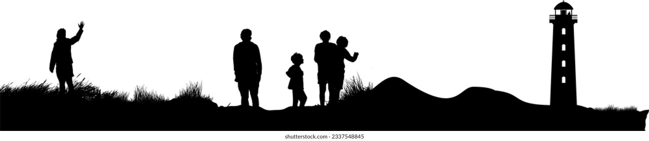 Vector silhouettes of people on vacation on the beach with lighthouse