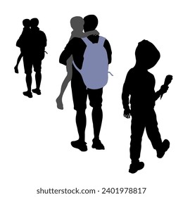 Vektorsilhouetten von Menschen auf weißem Hintergrund. Silhouette des Jungen in einer Kapuze mit Eis in der Hand. Ein Mann mit Rucksack trägt einen Vorschuler in den Armen, von hinten betrachtet. Weißer Hintergrund
